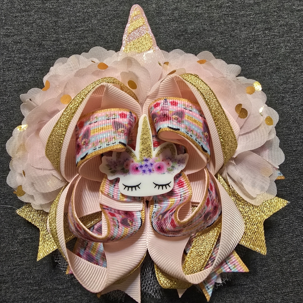 Pink and Gold Unicorn Hair Bow